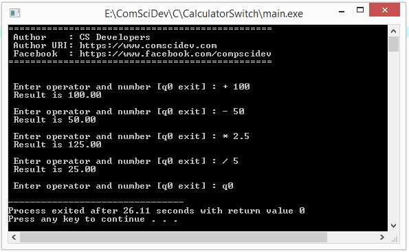 โค้ดภาษาซี เครื่องคิดเลข บวก ลบ คูณ หาร โดยใช้ Switch – Cs Developers.